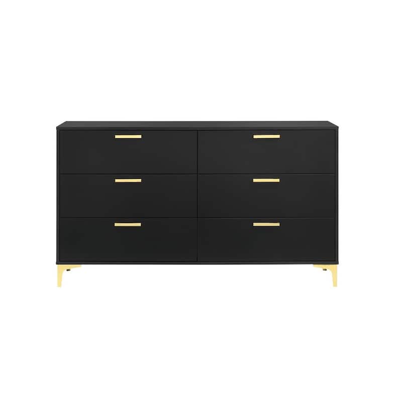 6 Drawers Wood Dresser with Metal Legs in Black and Gold - Black/Gold - 6-drawer