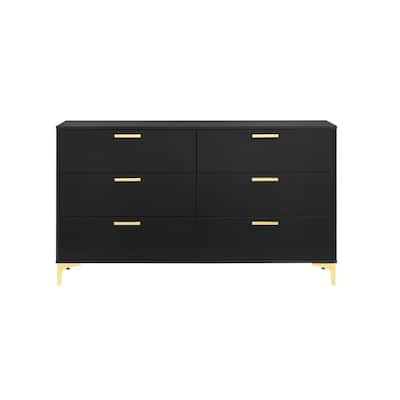 6 Drawers Wood Dresser with Metal Legs in Black and Gold
