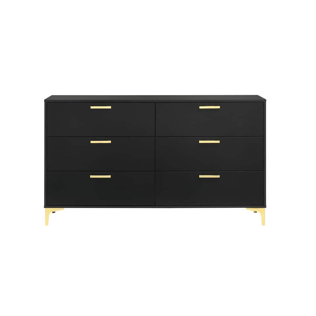 6 Drawers Wood Dresser with Metal Legs in Black and Gold