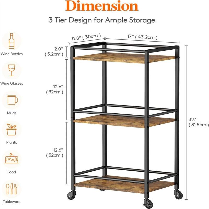 3 Tier Small Rolling Wine Cart - 16.22"D x 11.81"W x 32.1"H