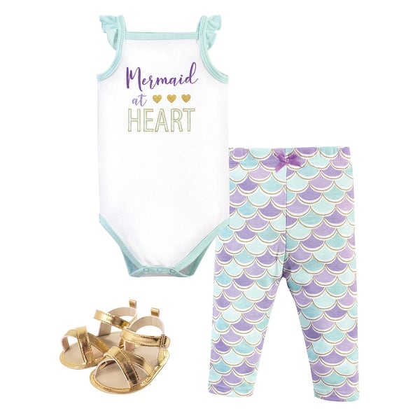 slide 1 of 1, Little Treasure Baby Girl Cotton Bodysuit, Pant and Shoe 3pc Set, Mermaid 0-3 Months - Mermaid