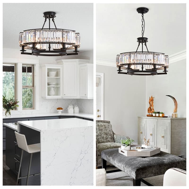 26 in. 6-Light Modern Farmhouse Crystal Chandelier Black Drum Kitchen Island Pendant Light