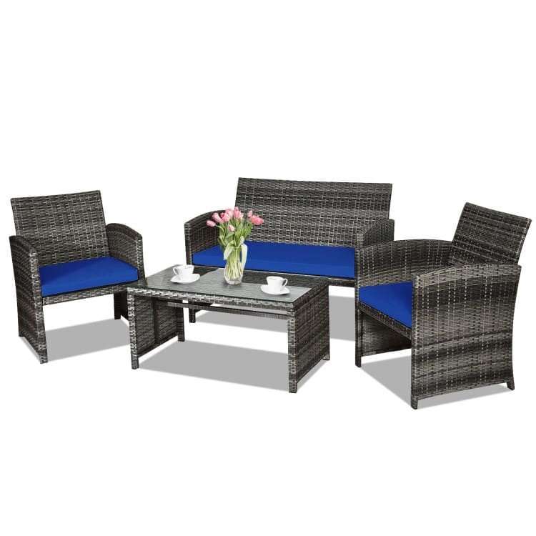 4 Pieces Patio Rattan Furniture Set with Glass Table and Loveseat - 43.5" x 25"x 31" (L x W x H) - Navy