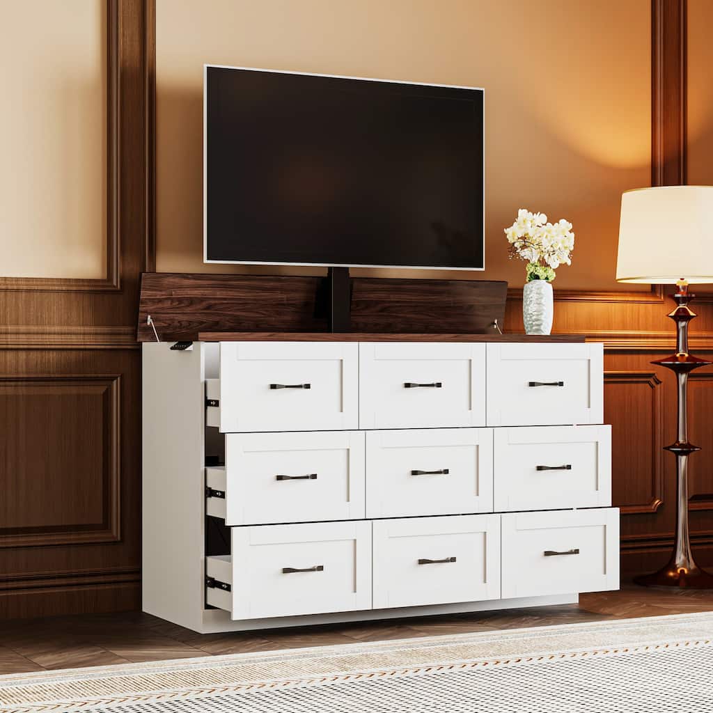 Lift TV Cabinet Electric TV Lift Dresser w/Dual Control and 2 Power Outlets Dresser Entertainment Center