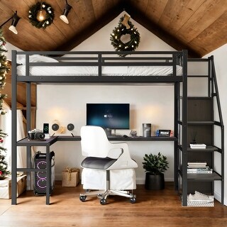 Metal Full XL Size LED Loft Bed with L-shaped Desk and USB,Wardrobe,Kids Bed Design
