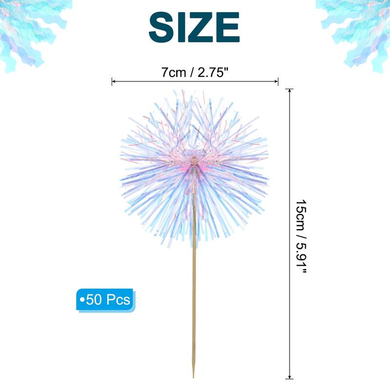 50 Pcs Firework Cupcake Toppers Sparkle Tinsel Picks - Pink