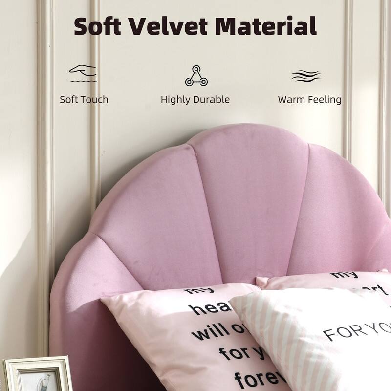 Upholstered Bed with Unique Seashell Headboard - Pink - Twin
