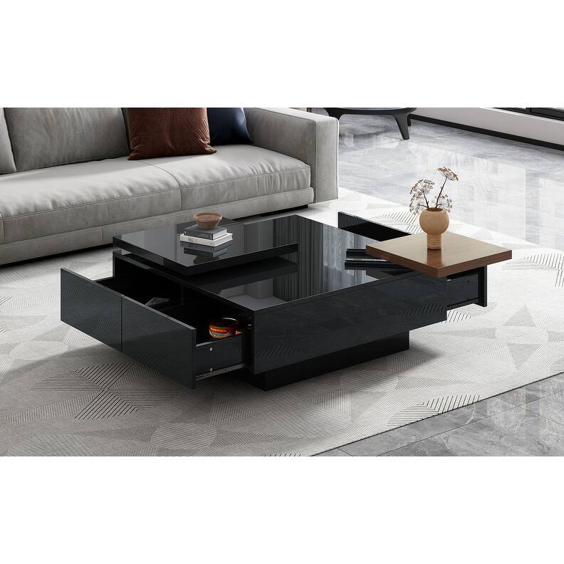 Modern Movable Block Coffee Table with Hidden Storage - High Gloss Square Design for Living Room