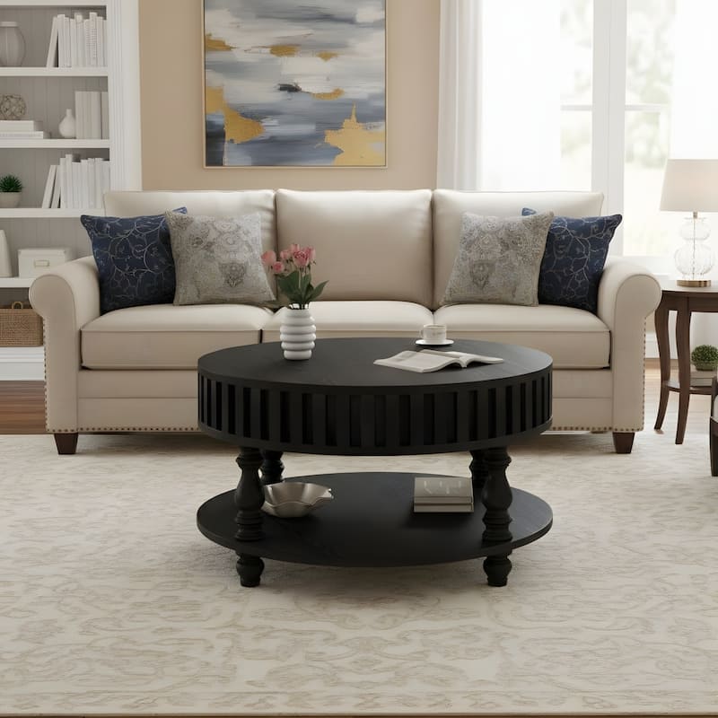 Farmhouse Fluted Coffee Table with Storage and Flip-Top Lids