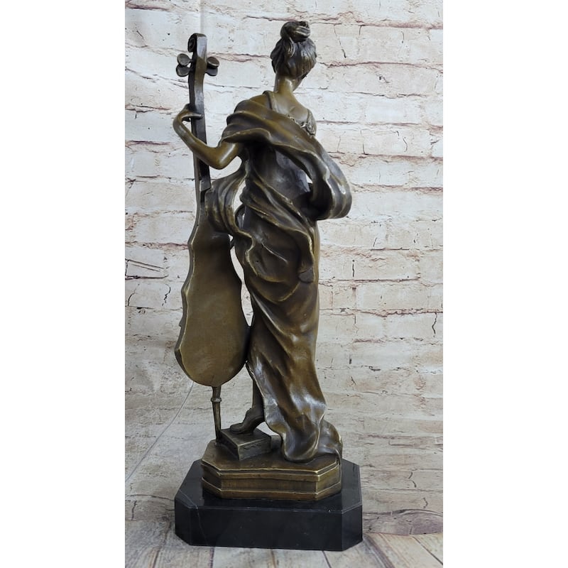Signed Victorian Lady Playing Cello Bronze Marble Sculpture Statue Art Deco Gift