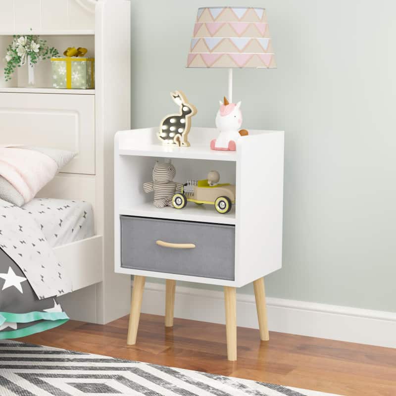Modern Nightstand with Charging Station, LED Light and Fabric Drawers - White