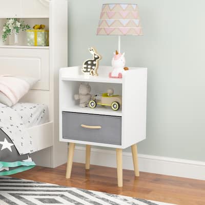 Nightstand With Collapsible Fabric Drawer, 2-Tier Storage End Table, Wood Side Table with Storage Cabinet for Kids, Adults