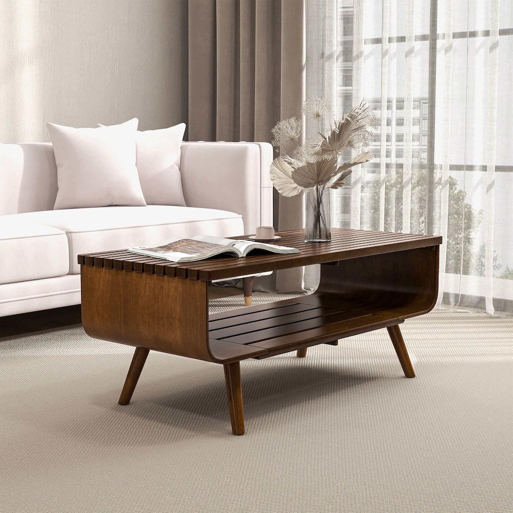 GDFStudio - Alice Modern Solid Wood Coffee Table with Slatted Storage Compartment - 44"