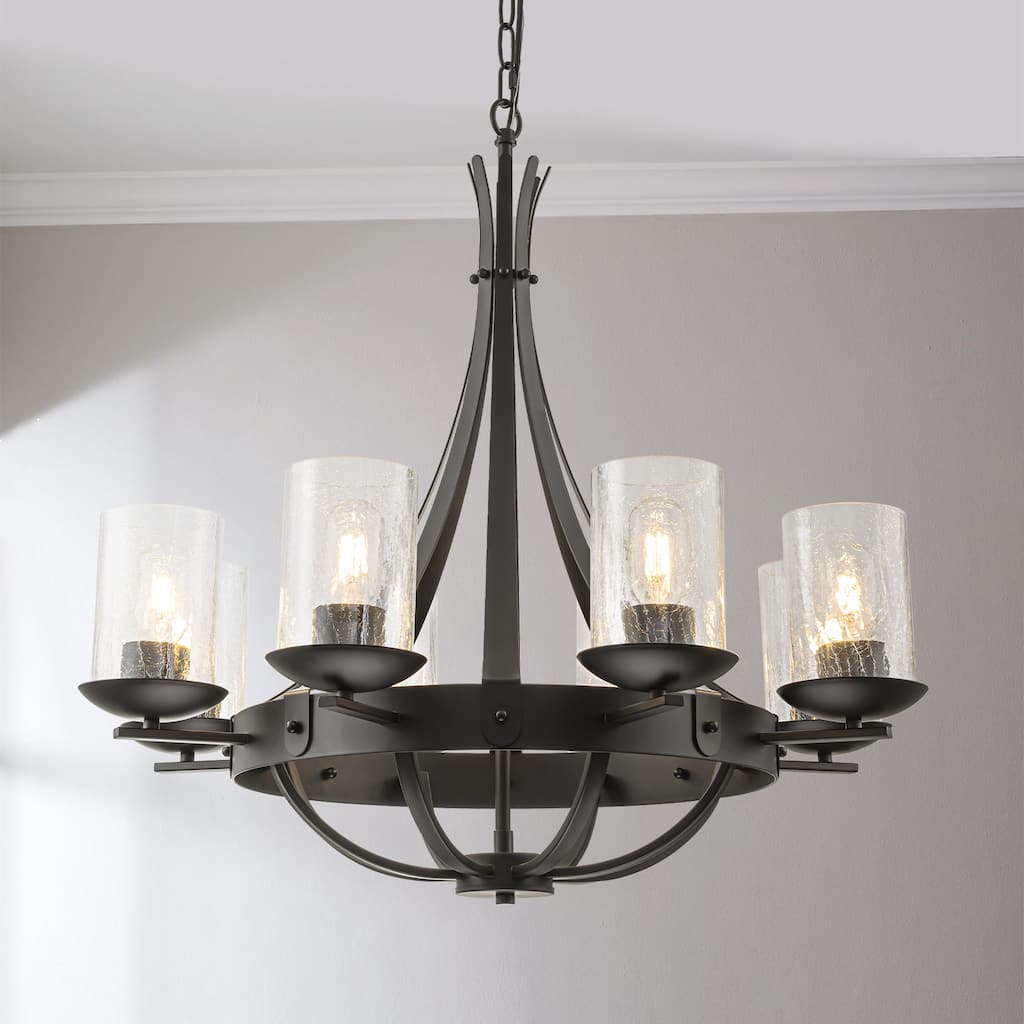 8-Light Industrial Wagon-Wheel Chandelier with Clear Cracked Glass Shades in Matte Black - 28 in. W x 28 in. H