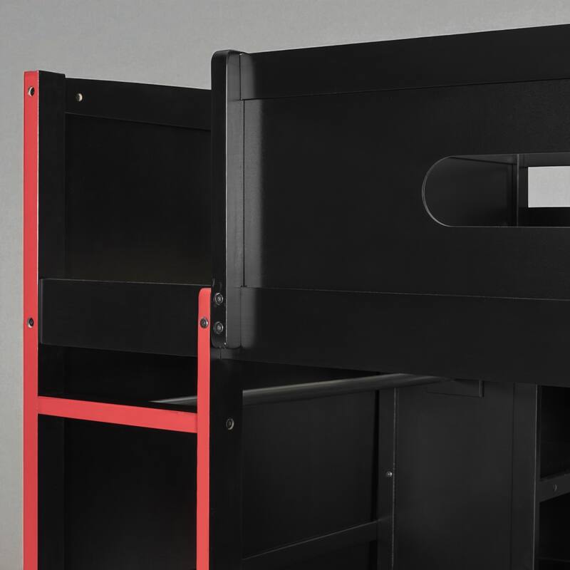 Full Size Loft Bed with Desk, RGB LED Lights, Wardrobes, Drawers and USB Charging Port for Teens and Gamers
