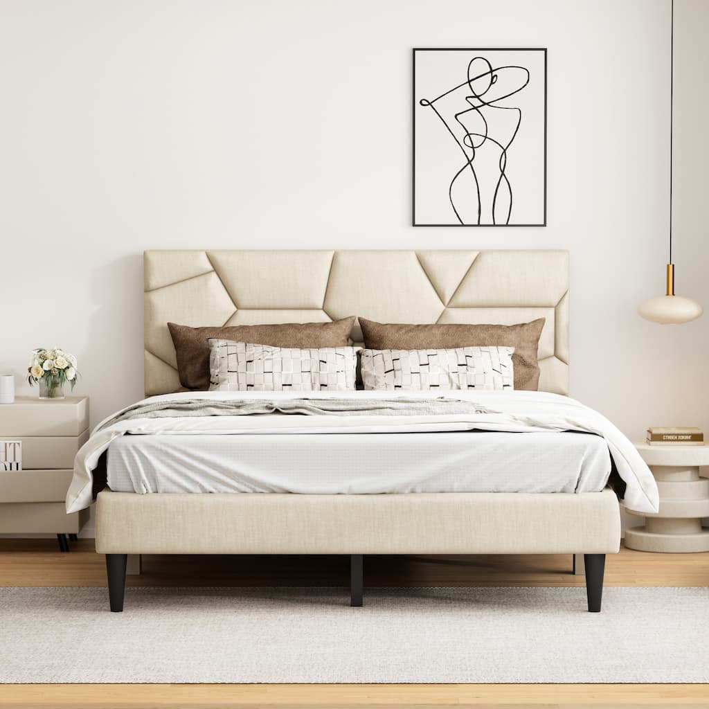 Sturdy Queen Bed Frame with Storage, Easy Assembly, No Box Spring Needed, Beige