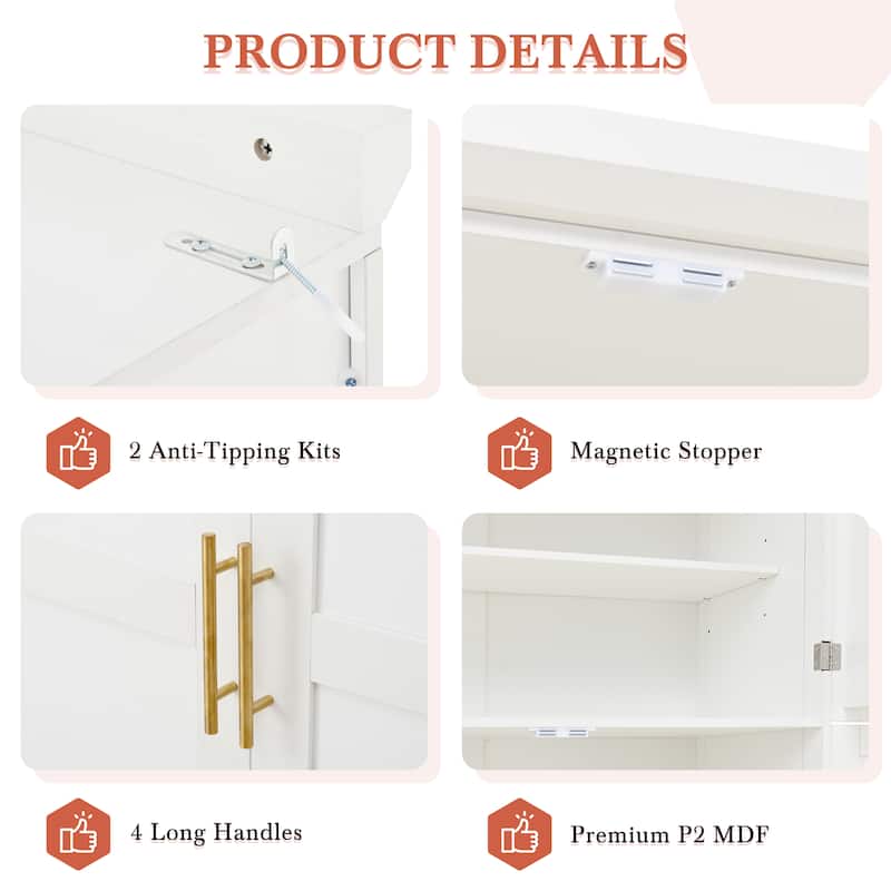 Tall Kitchen Pantry Cabinet with Pull-Out Trays - 35.5" 4-Door Storage Unit, Adjustable Shelves for Dining Room