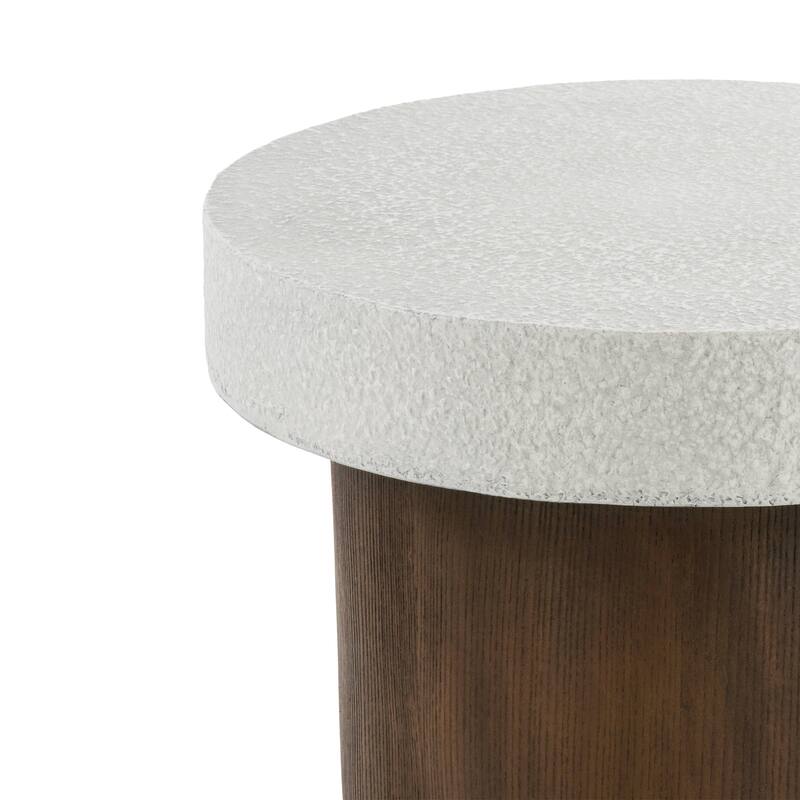MGO Coffee Table Compact Side Table Plant Stand with Antique White Faux Stone Textured Top and Brown Faux Wood Textured Base
