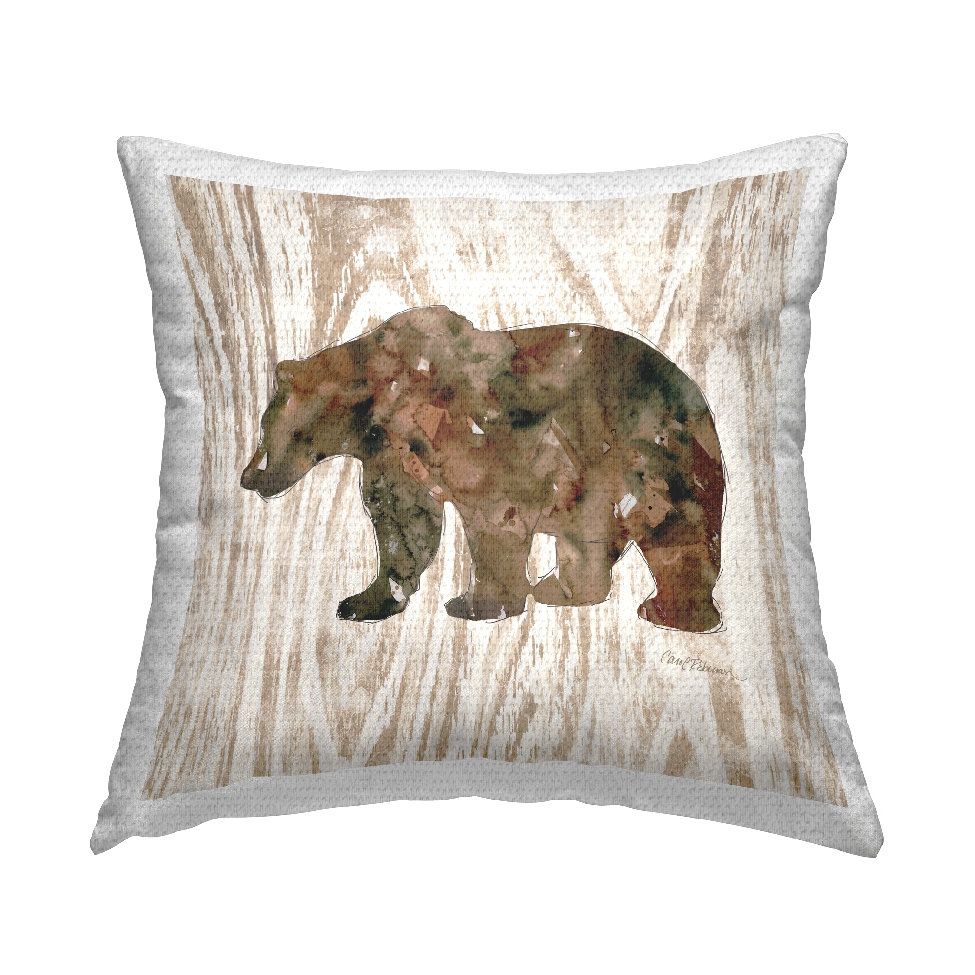 Stupell Forest Bear Watercolor Silhouette Rustic Grain Pattern Printed Outdoor Throw Pillow Design by Carol Robinson