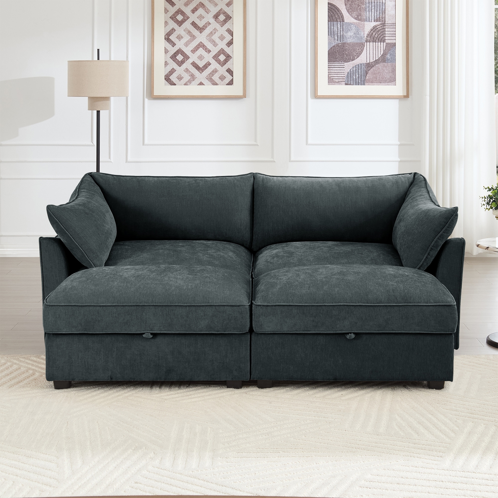 78.7" 2 Seater Sectional Sofa with 2 Drawers, Living Room Chenille Fabric Loveseat Sofa Couch with 2 Storage Ottomans