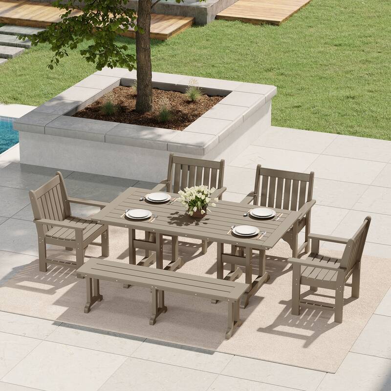 Laguna 6-Piece Outdoor Patio Rectangle Table Garden Arm Chair Dining Set With Bench
