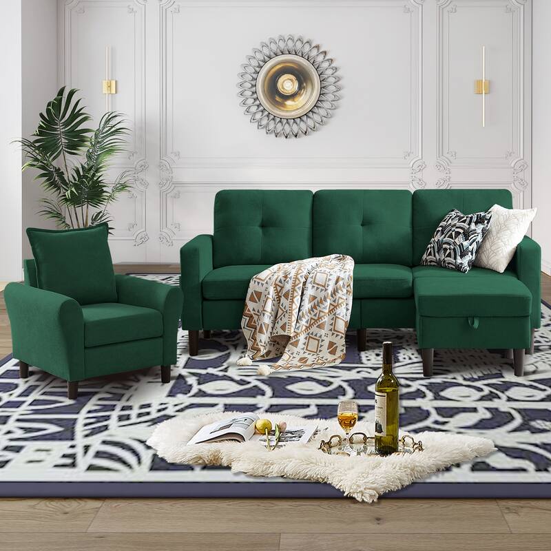 3 Pieces Living Room Set with Storage Ottoman - Green
