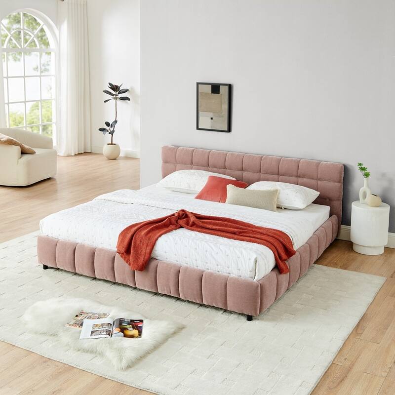 Chenille fabric Upholstered Bed with 4 drawers