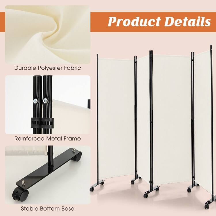 4-Panel Folding Room Divider Rolling Privacy Screen with Lockable Wheels - 89" x 12" x 68" (L x W x H)