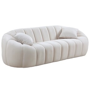 3 Seater Beige Velvet Sofa with Deep Channel Tufting - Bed Bath ...
