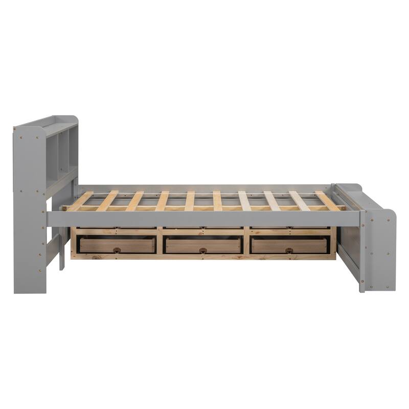 Bed with Bookcase Headboard and Under bed Storage Drawers