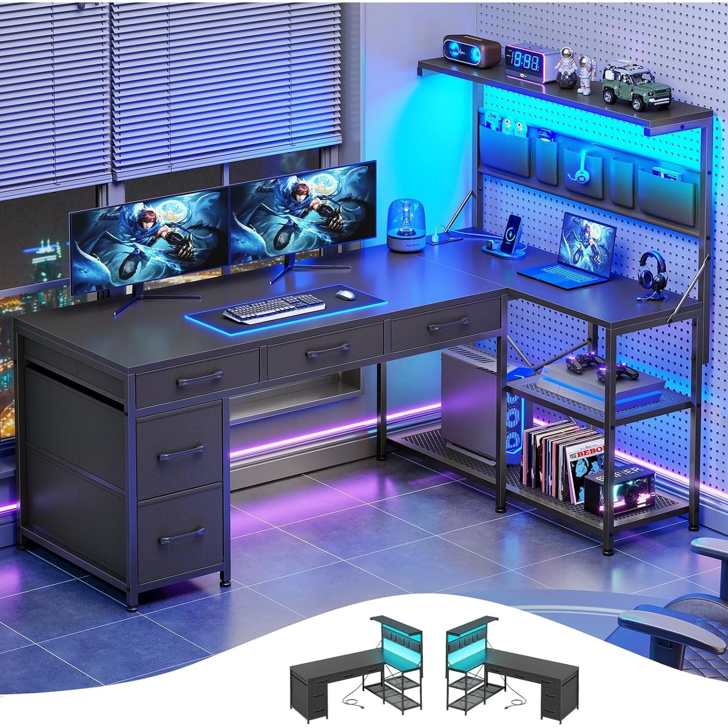 L Shaped Gaming Desk with Drawers, Shelves, LED Lights, Power Outlets, and Storage Bag, Black