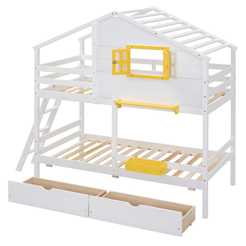 Playhouse Twin Bunk Bed with Drawers, Roof & Window - Ideal for Kids' Bedroom