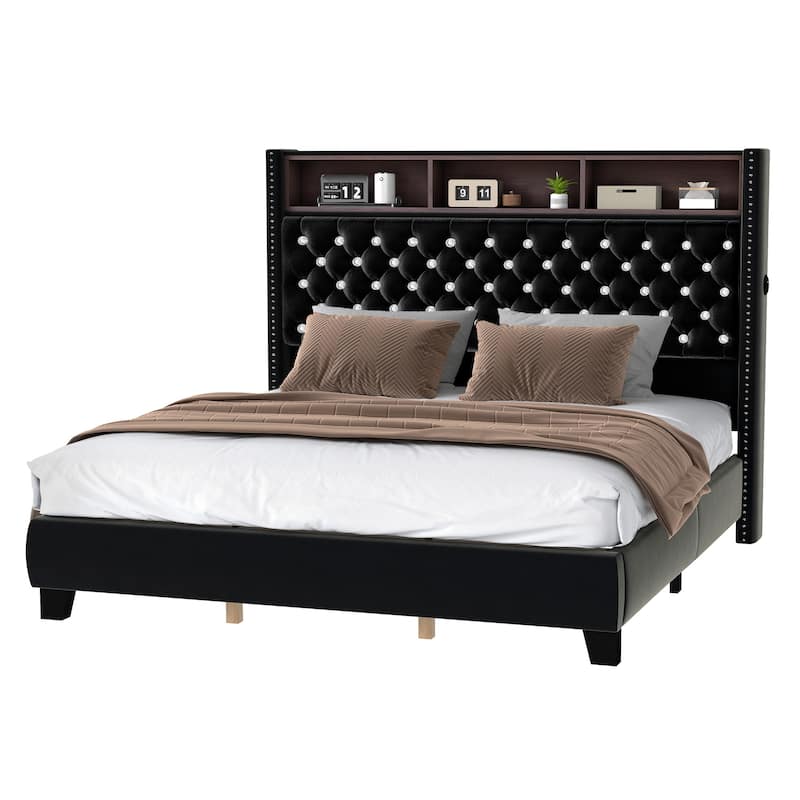 58" Tall Wingback Storage Headboard Bed Frame with USB Charging Stations and Deep Button Tufted
