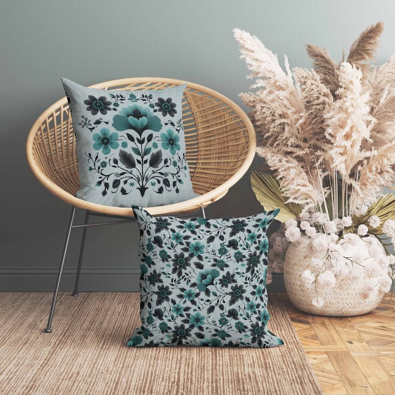 Rajasthan Bloom Faux Suede Reversible Throw Pillow Teal and Gray