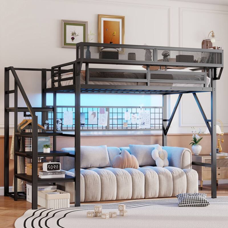 Queen/Full Loft Bed with Stairs, Storage & Wardrobe, Metal High Loft Bed with Lighting