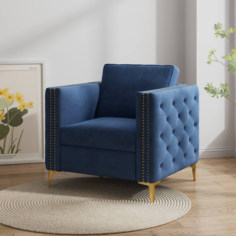 Accent Chair for Living Room Upholstered Arm Chair with Metal Legs - Navy Blue