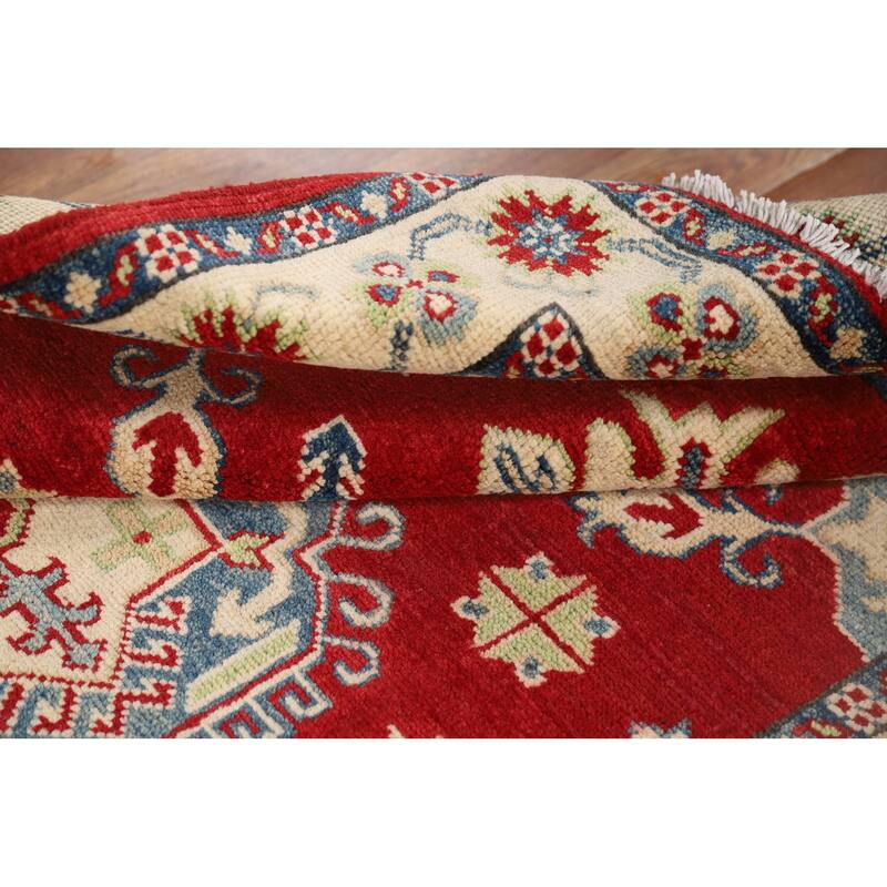 Red Geometric Kazak Rug Hand-Knotted Wool Carpet - 3'5" x 5'0"