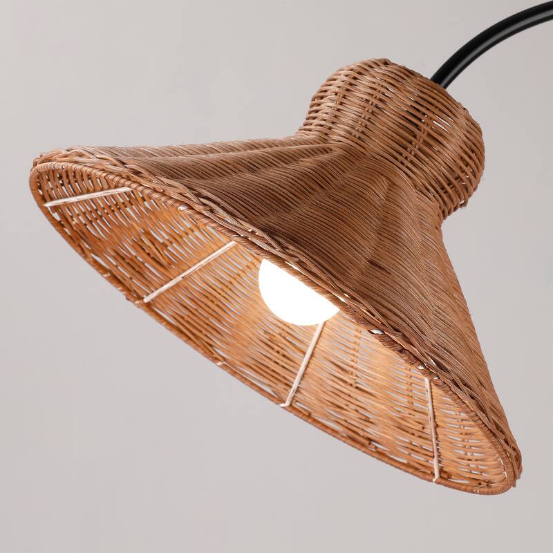 70" Bohemian Arc Floor Lamp – Woven Rattan Basket Shade on Black Metal Stem