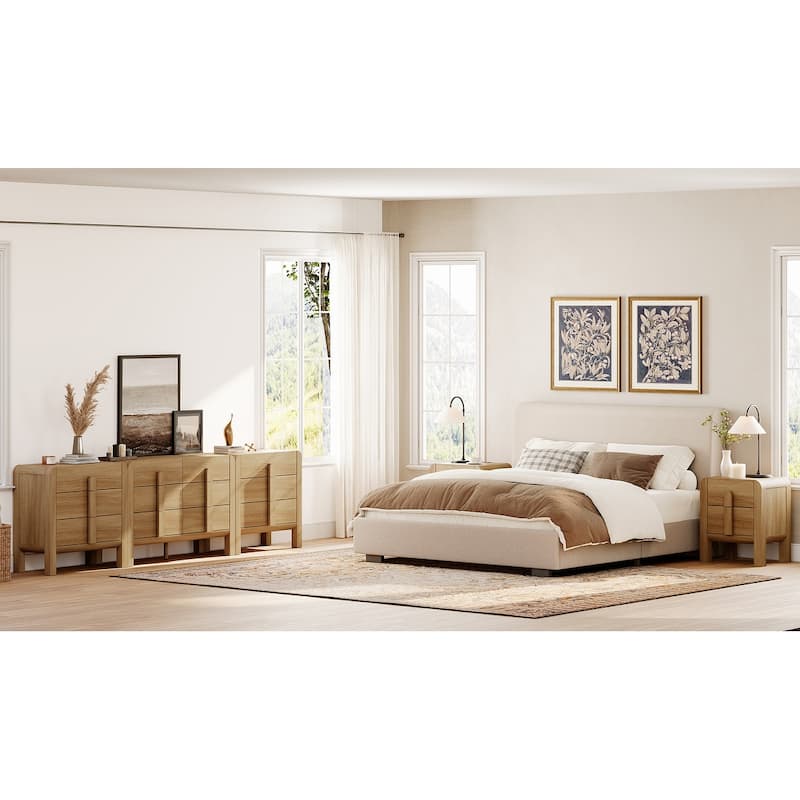 WAMPAT Wooden Dresser And Nightstand Sets, 5 Pcs Bedroom Set, Night Stand Set Of 2, 12 Drawer Dresser With Curved Profile Design - Walnut