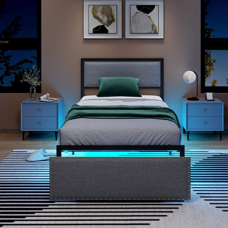 Gymax Twin Size Bed Frame w/ Storage Drawer Metal Platform Bed w/ LED