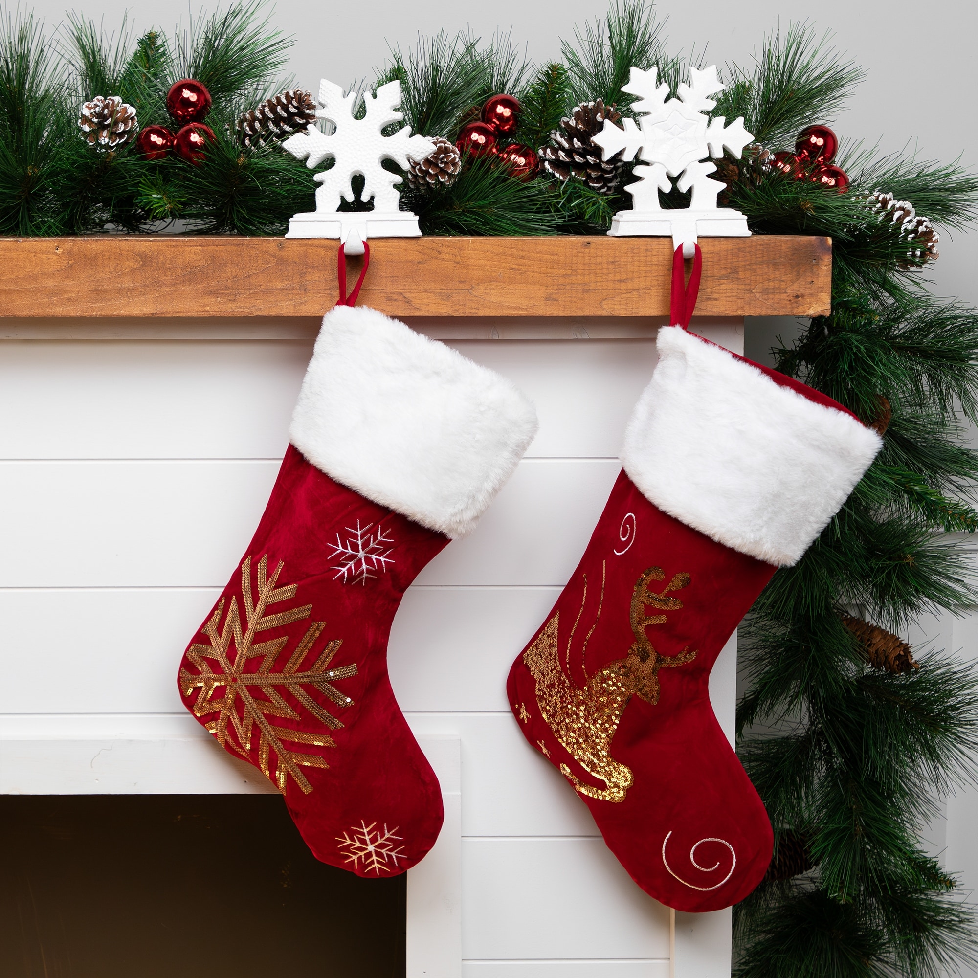 Reindeer Snowflake Sequin Christmas Stockings 20" Red White Set of 2
