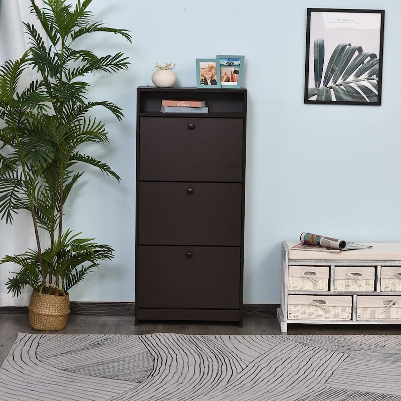 Slim Shoe Cabinet, Trendy Shoe Storage Cabinet with 3 Large Fold-Out Drawers & a Spacious Top Surface for Small Items