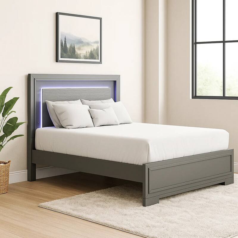 Aliso Queen Size Bed, LED Panel Headboard, Modern Metallic Gray