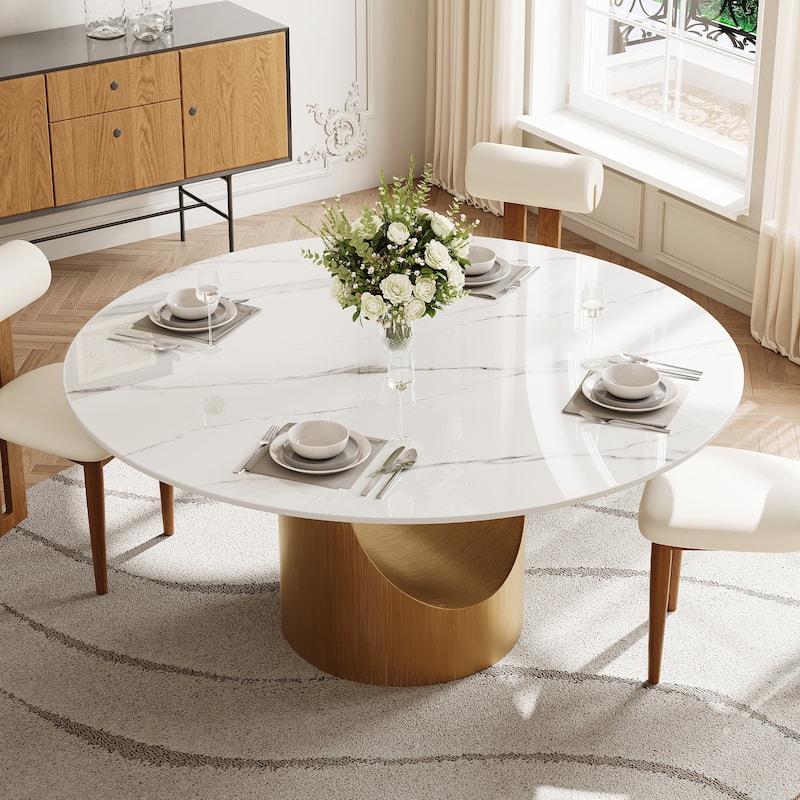 51 &59" Modern Round Dining Table for Diningroom，White Glossy Stone Tabletop,Bronze Carbon Pedestal - 51" for 4-6