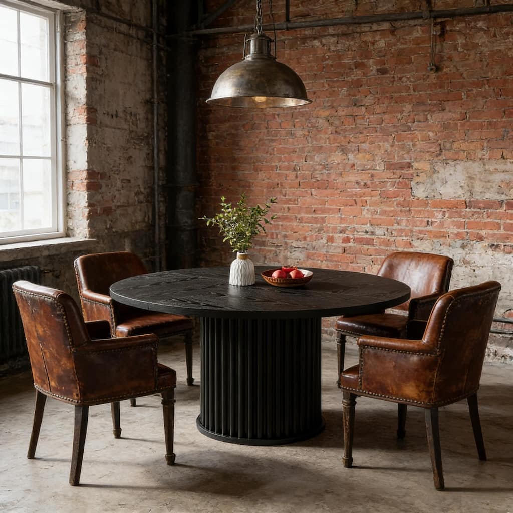 Round Dining Table with Fluted Base, Wood Kitchen Table, Home Office Table Meeting Table for 4-6 People