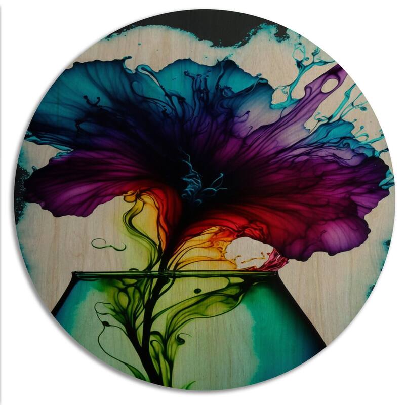 Designart "Purple And Blue Blossoming Flower" Floral Wood Wall Art - Natural Pine Wood