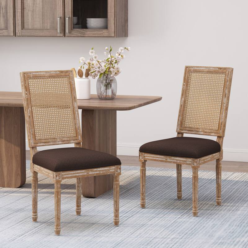 French Country Dining Chairs Set of 2 with Cane Backrest and Upholstered Seat
