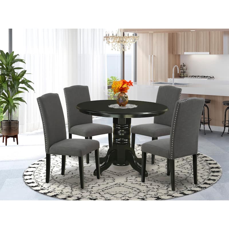 East West Furniture Dining Room Set- a Round Dining Table and Dark Gotham Linen Fabric Chairs, Black (Pieces Option)