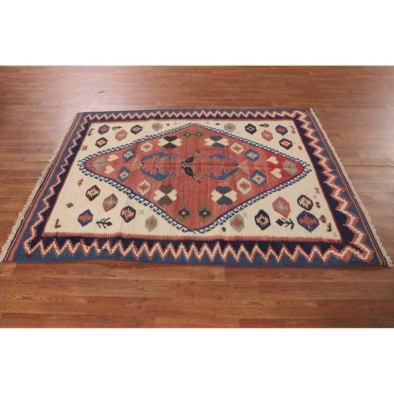 Tribal Kilim Qashqai Persian Vintage Rug Hand-Woven Wool Carpet - 4'8"x 6'3"