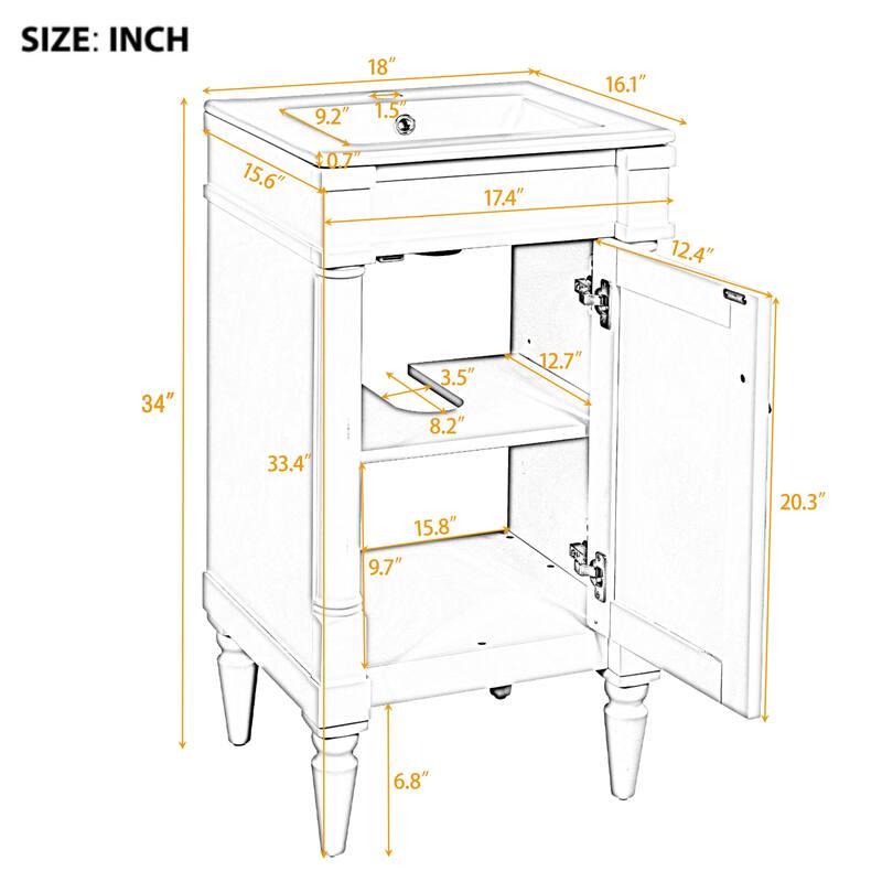 Freestanding Small-Space Cabinet with a Single Sink and Adjustable Shelf, 18" Modern Bathroom Vanity with Sink & Storage